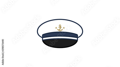 Bild auf Leinwand Minimalist captain hat outline vector illustration isolated on white background, flat cartoon sailor or skipper cap icon with a golden anchor symbol for maritime design
