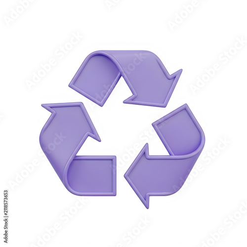 Purple 3D recycle symbol on white background, eco-friendly recycling icon for sustainability, modern plastic texture waste management sign