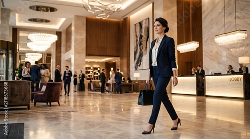 Confident businesswoman in a sharp navy suit walking through a luxurious hotel lobby.