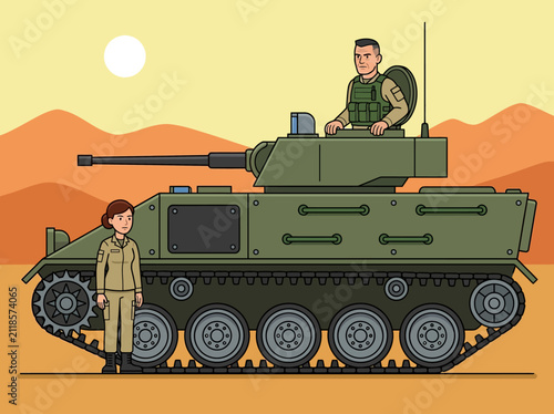 Fotografía Cartoon Illustration of Military Tank with Male and Female Soldiers in Desert La