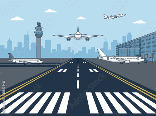 Fotografía Vector Illustration of a Busy Airport Runway with Airplanes, Control Tower, and