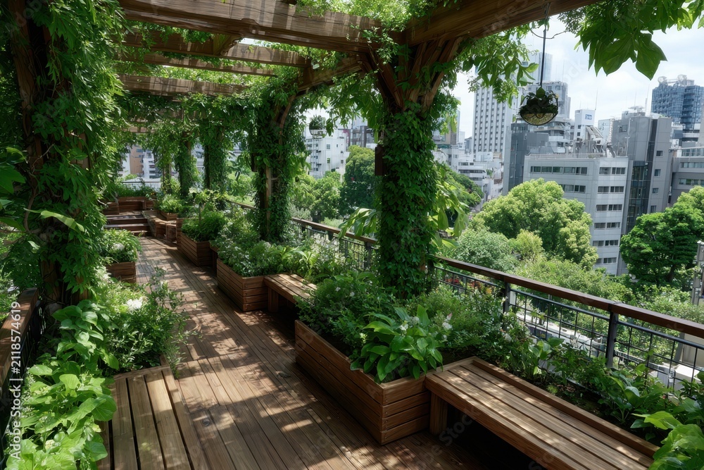 Obraz premium Rooftop Garden with Wooden Walkway and City View