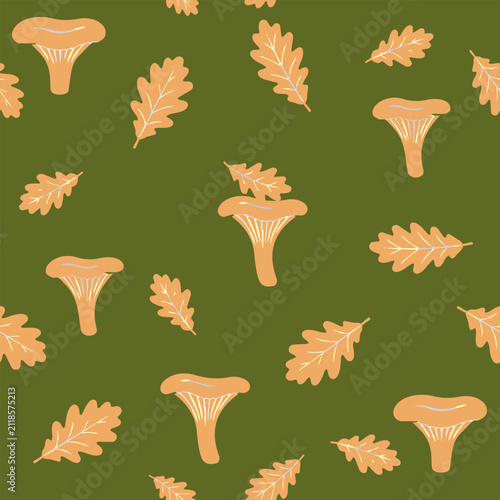 Seamless forest mushroom and oak leaf pattern