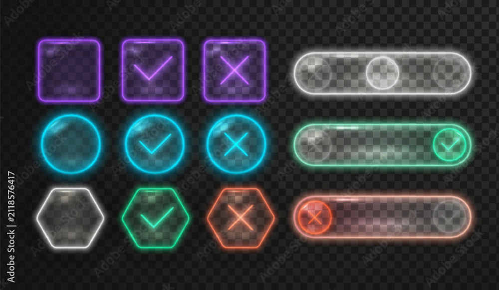 Obraz premium Glowing neon icons with check marks and cross symbols in red, green and blue light effects. Futuristic glass buttons with tick, circle glow and square frames for digital interface design.