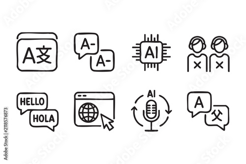 Foto Language Translation Line Icons Featuring AI, Voice Recognition and Localization
