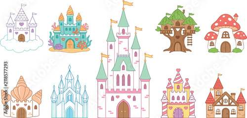 Foto Cute fairytale castle and fantasy house vector icon set with whimsical kingdom e