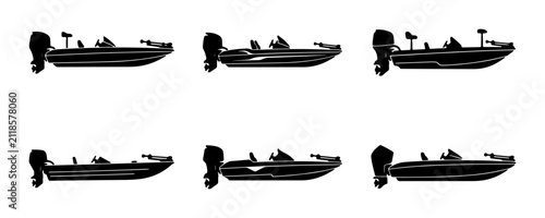 Foto Six black vector illustrations of bass fishing boats, each with an outboard motor, presented in a clean, modern, and minimalist style on a white background