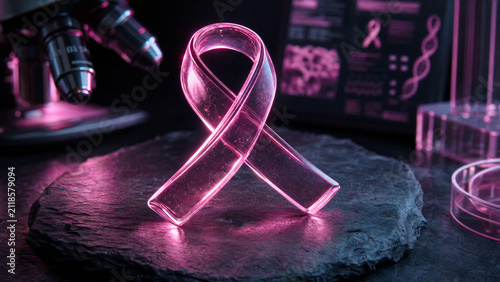 Glowing pink breast cancer awareness ribbon displayed in a laboratory with a microscope and test tubes