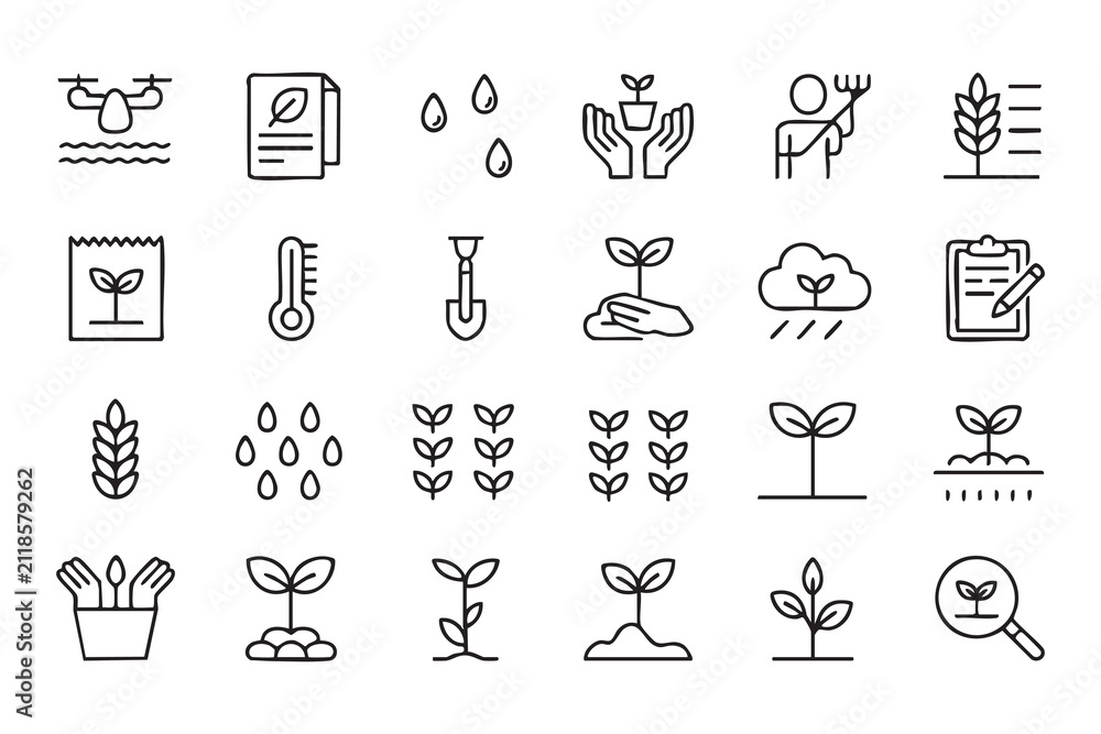 Fototapeta premium Agriculture Outline Icons with Plant Growth, Soil Care and Sustainable Farming Symbols