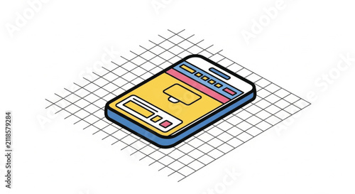 Bold Black Outline Isometric Yellow Object on Grid Background Vector Illustration
