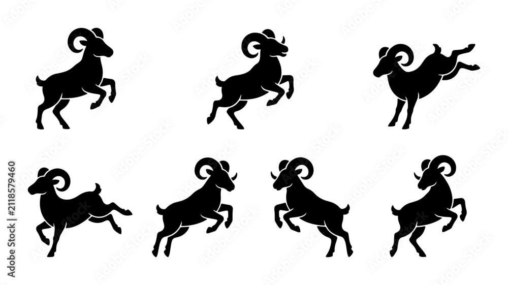 Fototapeta premium Ram Silhouette Icons, Aries Zodiac Symbols, Dynamic Animal Poses Vector Set, Astrology and Livestock Graphics