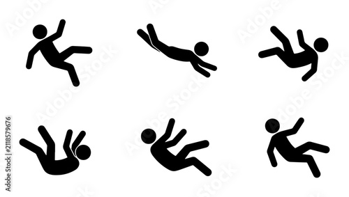 Quadro su tela Falling Stick Figure Icons, Slipping and Tripping Poses, Vector Set for Safety a