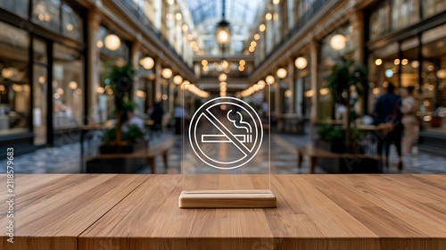 Transparent no smoking sign on wooden table with blurred shopping mall interior