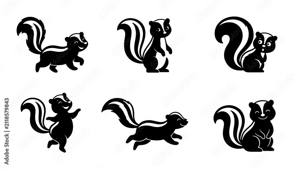 Obraz premium Charming Skunk Vector Icons, Cute Animal Illustrations, Black and White Wildlife Graphics, Playful Mammal Poses for Design Projects