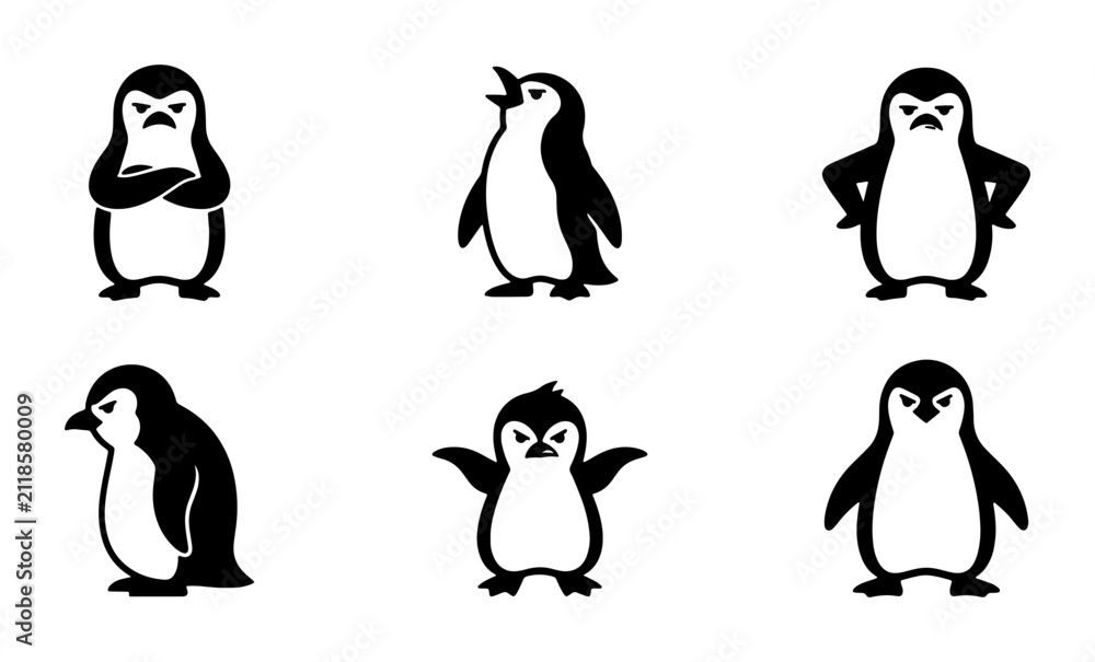 Obraz premium Set of 6 Cute Penguin Icons, Vector Graphics, Expressive Characters, Black and White, Animal Emoticons for Design