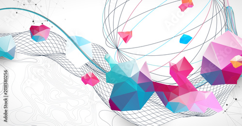 Obraz na płótnie Abstract art background with scientific geometric concepts colorful low poly crystals and delicate wave lines