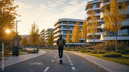 Man riding an electric scooter along a street in a modern residential neighbourhood