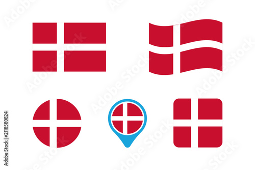 The Denmark national flag. The Denmark national flag in vector format with a 1:2 aspect ratio rectangle, waveform, round, rounded pin and square shapes.