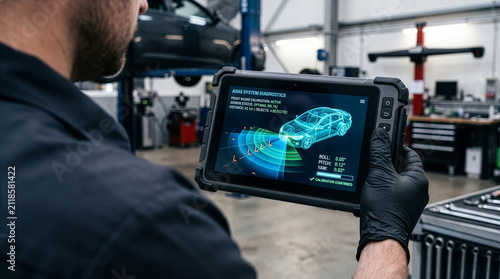 ADAS system diagnostic tablet showing vehicle sensor calibration and technician analyzing data