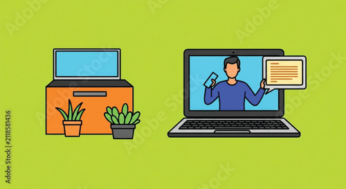 Modern Minimalist Vector Illustration of a Computer Monitor and Potted Plants on a Bright Green Background