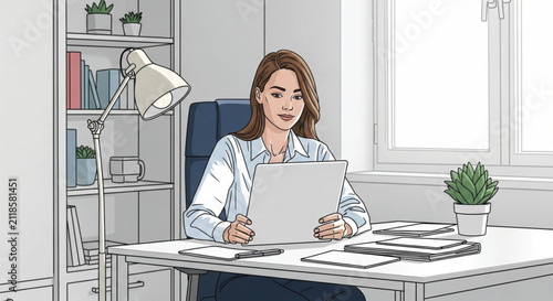 Modern Office Scene with Bookshelf, Lamp, and Person Working at Desk