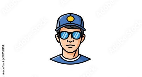 Cool Cartoon Engineer Wearing Blue Cap and Sunglasses with Bold Black Outline