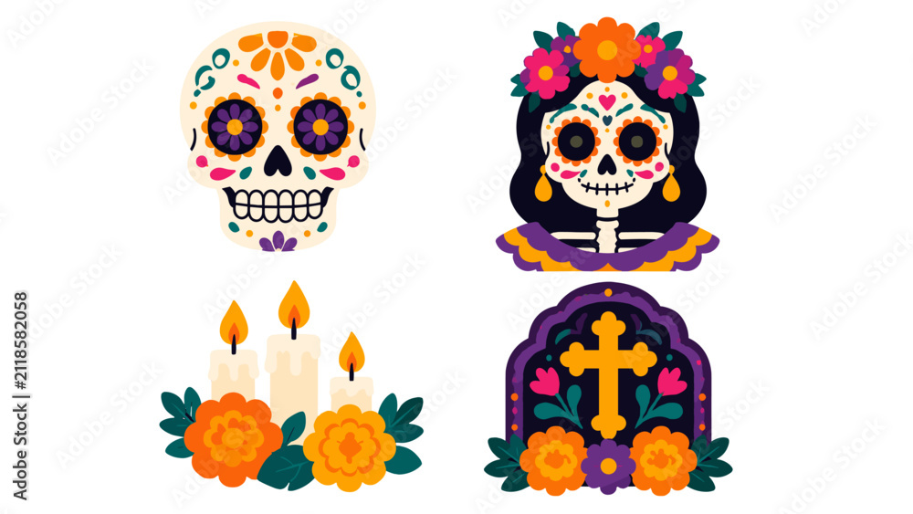 Obraz premium Decorative skull, candles, flowers and cross vector set