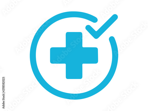 Medical Cross Check Mark Icon in Blue Circle, Healthcare Approval Symbol, Flat Vector Illustration