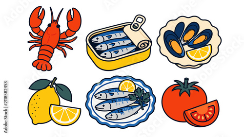 Seafood and fresh ingredients doodle vector icon set