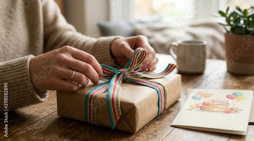 A Tender Moment of Preparing a Thoughtful Birthday Gift with Colorful Ribbon on a Rustic Wooden Table