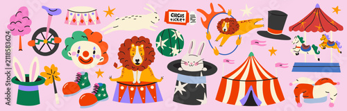 Playful collection of Circus performance elements with funny clown, lion, rabbit, magic hat, tent, tickets, trained animals and decorations in cartoon retro style