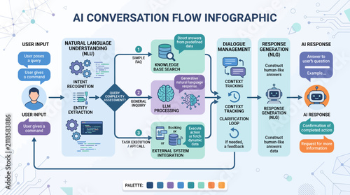 Ai conversation flow infographic showing natural language processing