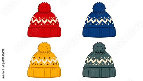 Set of knitted pom pom beanie hats in four colors