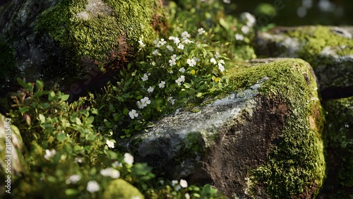 Delicate white wildflowers growing among lush moss-covered wet rocks with bright natural sunlight and greenery, 