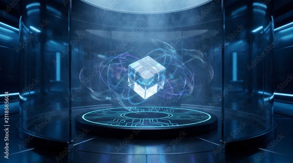 © JUST 4U STOCK  - Futuristic Data Cube Hovering Inside a High Tech Digital Laboratory Research Chamber