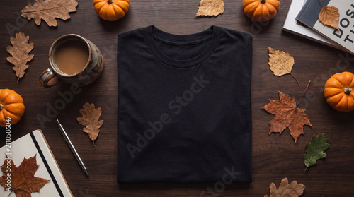 Folded black t-shirt on a wooden desk surrounded by autumn decorations
