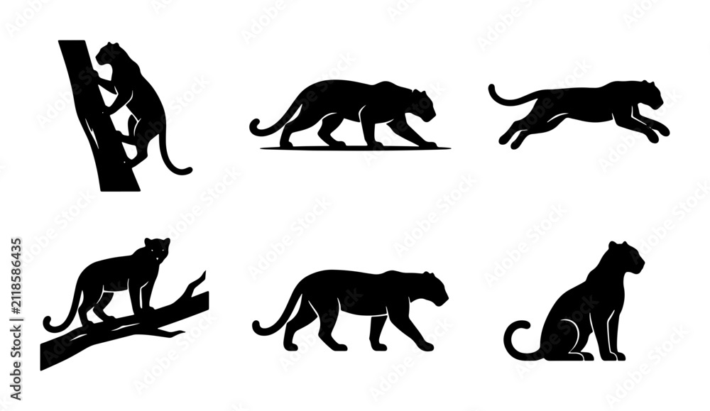 Fototapeta premium Black Panther Silhouette Vector Icons Set, Wild Cat Poses Collection, Elegant Feline Graphics for Wildlife and Nature Designs