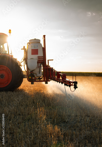 Tractor spraying harvested wheat stubble field at sunset