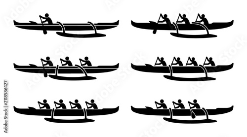 Outrigger Canoe Racing Silhouettes, Polynesian Water Sports, Traditional Hawaiian Canoes, Team Paddling Action, Vector Set