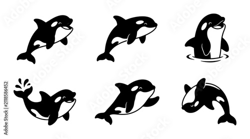 Foto Orca Whale Vector Icons Set: Playful Killer Whales in Diverse Aquatic Poses, Mar