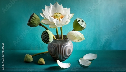 White Lotus Flowers And Seed Pods In A Gradient Vase On A Textured Teal And White Background Lotus Seed