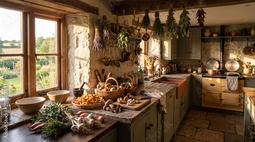 Rustic kitchen interior with stone walls, hanging herbs and copper cookware
