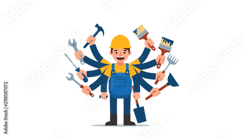 Cheerful cartoon handyman character with multiple arms holding various tools, symbolizing multitasking skills and efficiency in repairs and service.