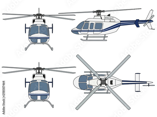 Quadro su tela Modern Helicopter Vector Blueprint Illustration with 4-View Orthographic Layout