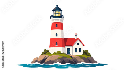 Striped lighthouse on rocky island with small coastal house