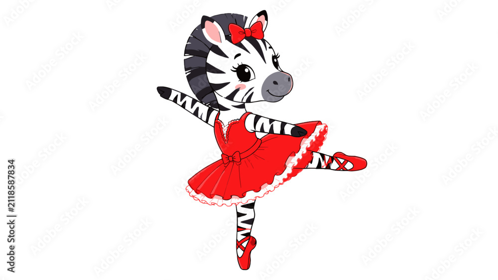 Obraz premium Cute zebra ballerina in red dress cartoon vector illustration