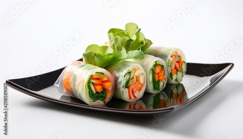 Fresh Spring Rolls With Vegetables And Herbs On A Clean White Background
