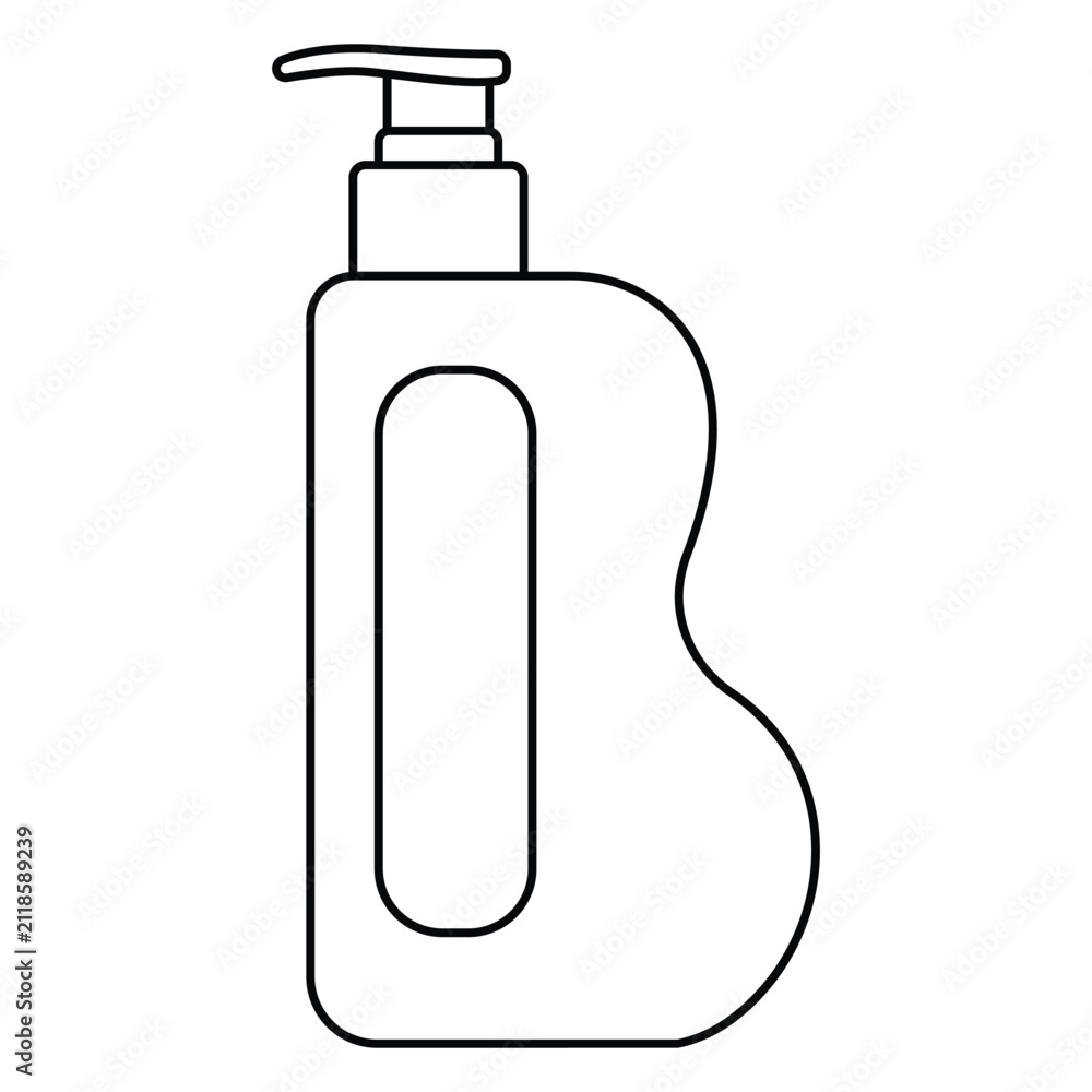 Obraz premium Simple black and white line art illustration of a pump dispenser bottle, isolated on a white background. Minimal liquid soap or lotion container suitable for skincare, cosmetics, hand wash, shampoo.