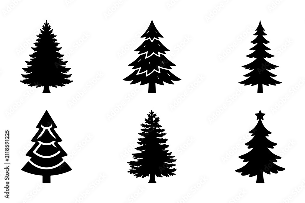 Obraz premium Set of Six Black Silhouette Christmas Trees, Festive Evergreen Vector Icons for Holiday Design, Winter Season Graphics