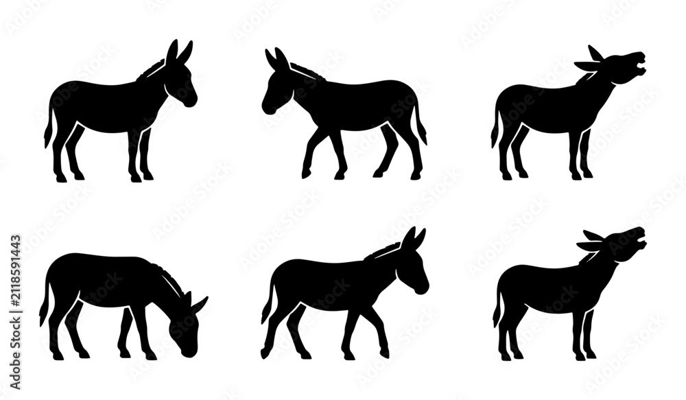 Obraz premium Six Silhouette Donkey Icons, Farm Animal Vector Set, Rural Livestock Graphics, Equine Mammal Illustrations for Agricultural Concepts